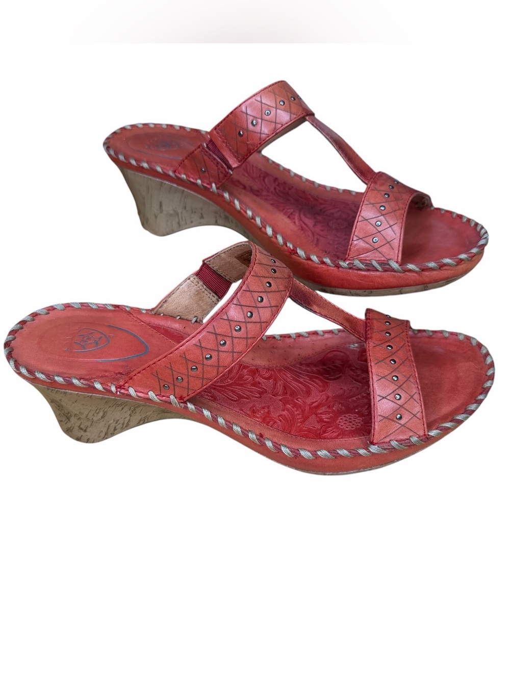 Ariat Women’s 9 Red Leather Studded T Strap Wedge Sandals Western Boho